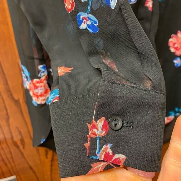 TIMING academia professor teacher sheer chiffon black floral button down blouse - Picture 6 of 8